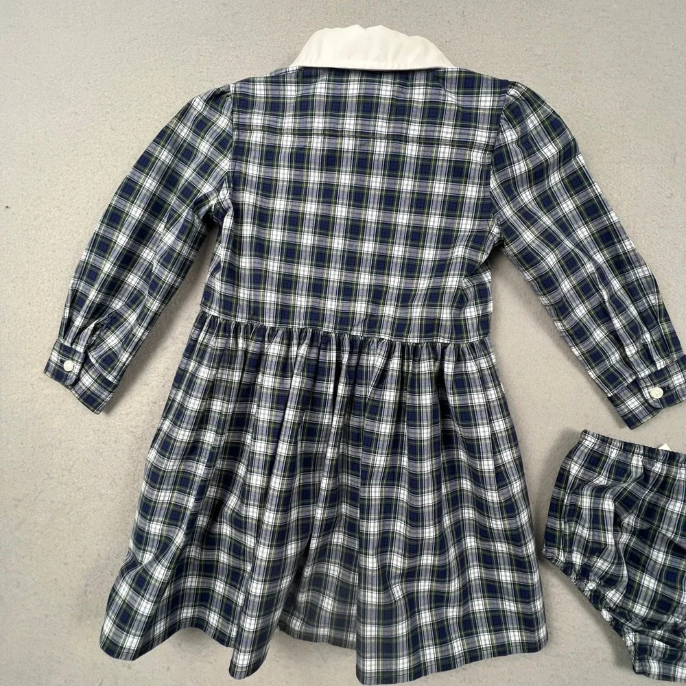 Ralph Lauren Plaid Dress Set Kids 18M Navy Green Ruffle Peter Pan Collar Preppy